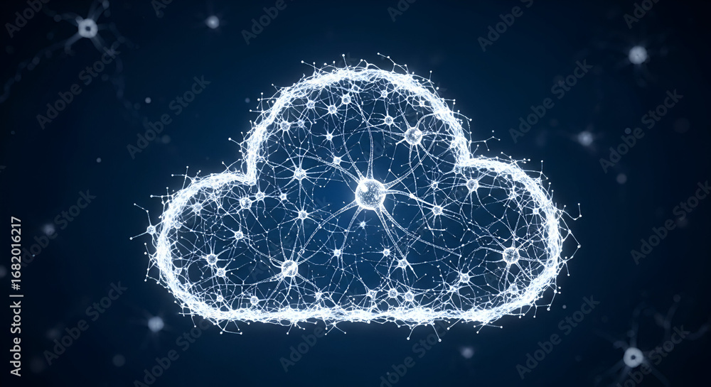 Poster abstract cloud network illustration symbolizing interconnected technology and data solutions on a