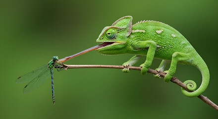 Naklejka premium chameleon, A green chameleon catches a dragonfly with its long tongue on a branch, showcasing a stunning wildlife moment. 