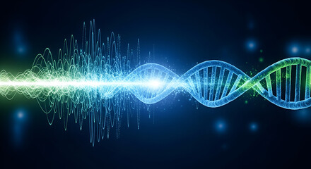 Abstract digital illustration of a dna strand intertwined with a frequency wave