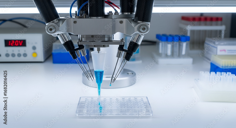 Poster automated liquid handling system conducting analysis in modern laboratory environment