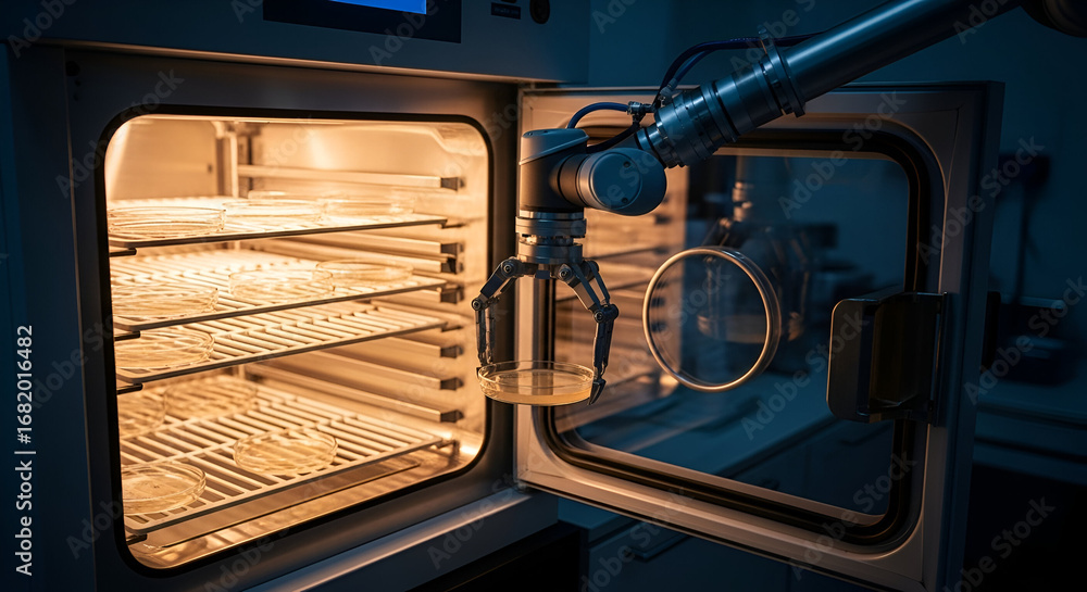 Aufkleber automated robotic arm handling petri dishes inside a modern laboratory incubator unit