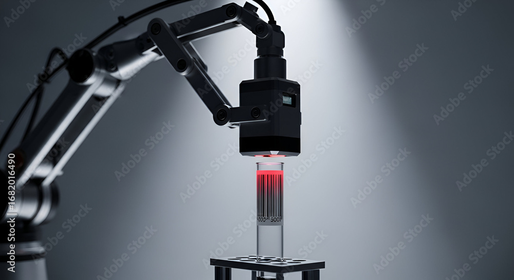 Poster Automated robotic arm inspecting a laboratory test tube with luminous data analysis