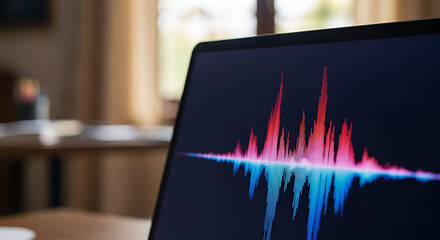 Audio waveform displayed on a laptop screen showcasing vibrant sound visualization and production