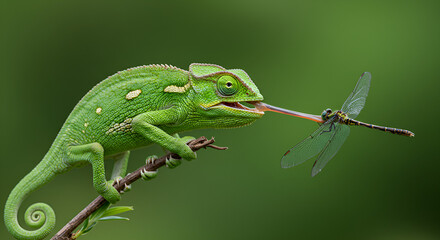 chameleon, A green chameleon catches a dragonfly with its long tongue on a branch, showcasing a stunning wildlife moment.