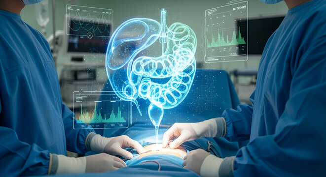 Augmented reality integrated with surgical procedure showing digital organ mapping in progress