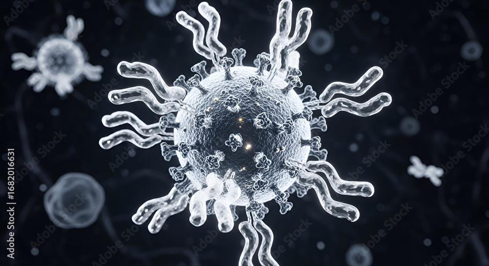 Poster detailed microscopic view of a pathogen showcasing its structure and infection process