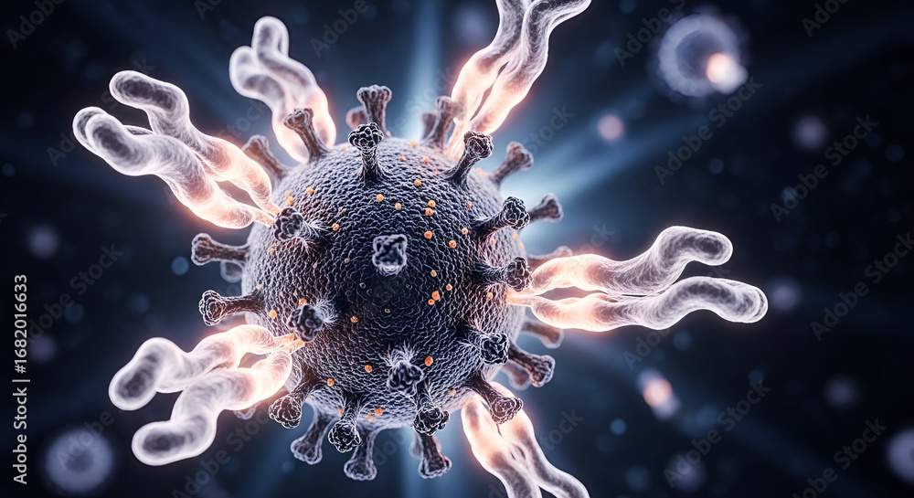 Poster detailed rendering of a pathogenic microorganism featuring spiky projections and intertwined