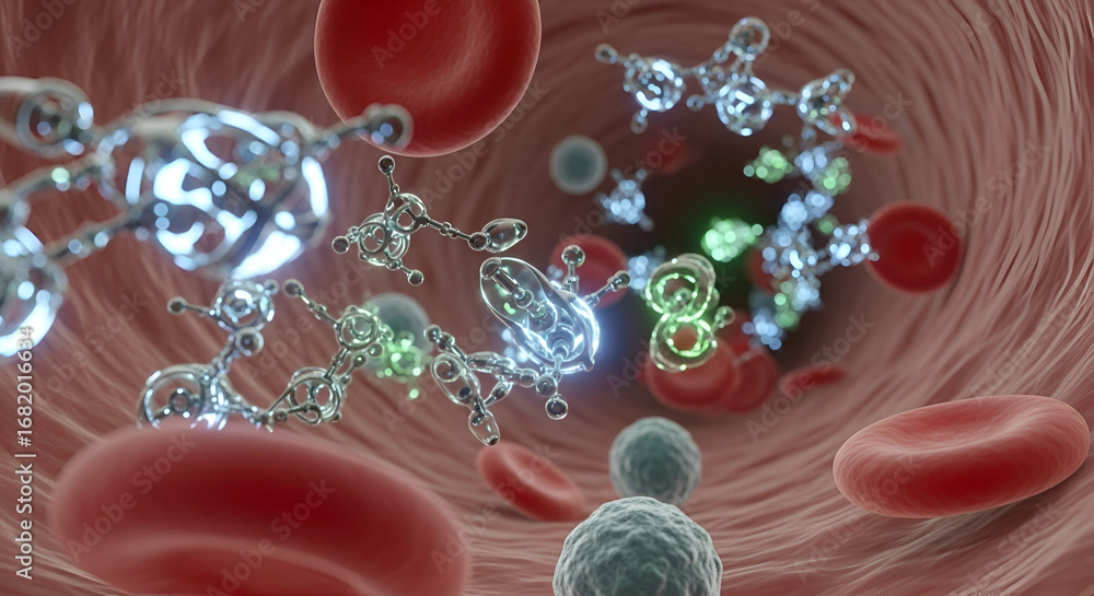 Poster detailed visualization of blood cells and molecular structures inside a vessel creating a scene of