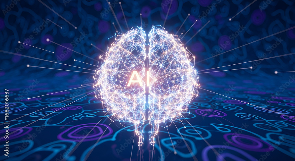 Poster digital brain symbolizing artificial intelligence advancements and modern connectivity