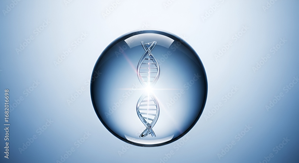 Poster dna strand encapsulated in a shimmering sphere against a gradient blue background
