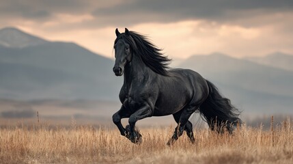 Majestic black horse galloping through golden grasslands under cloudy sky in the mountains
