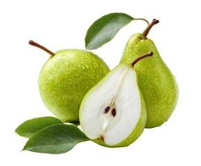 Fresh pears, whole and halved, with leaves
