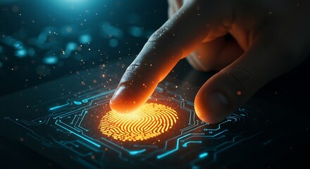 Fingerprint scan on futuristic technology device representing biometric security and access control systems