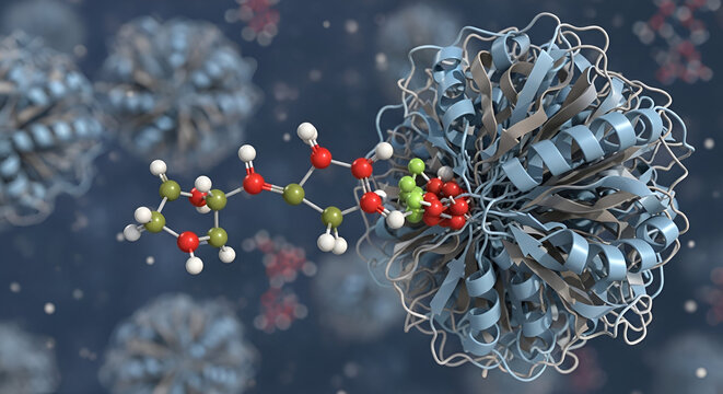 Detailed 3D scientific model of a molecule docking to a receptor for visualization
