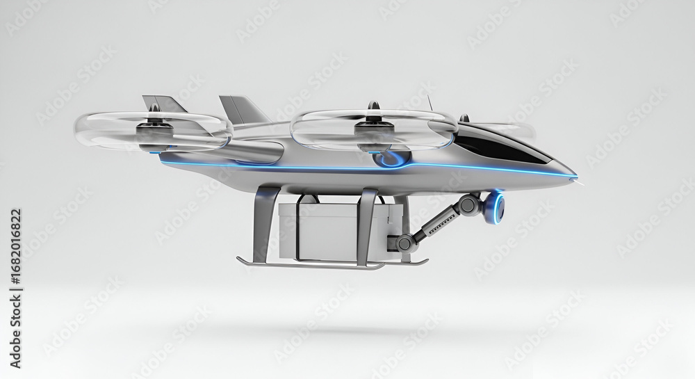 Poster futuristic drone aircraft transporting cargo box with advanced robotic arm system design