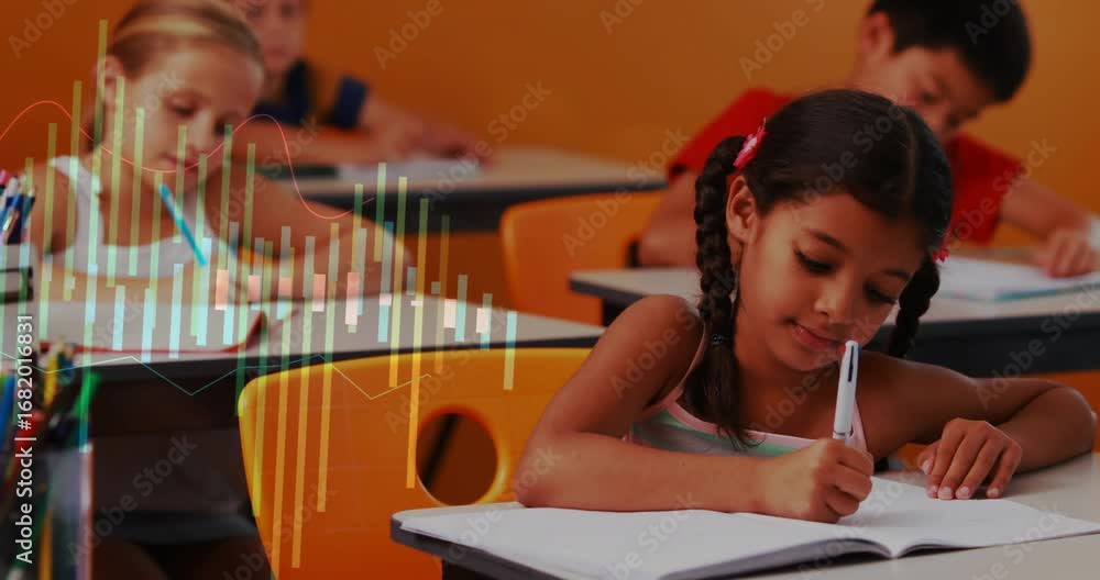 Poster girl with braids writing while animated bar and line charts rising left margin enhancing learning