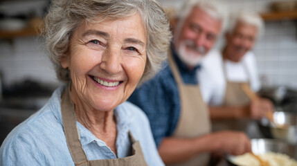 Joyful companionship in the kitchen: seniors enjoying cooking together