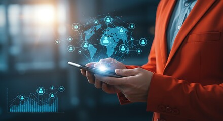 Global business network displayed on smartphone screen connecting people worldwide enhancing communication and collaboration