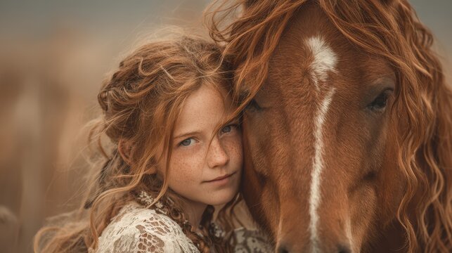 Girl lovingly embraces her horse in a serene pasture during golden hour in the countryside