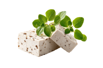 Two blocks of light beige tofu, speckled with dark flecks, rest atop one another, with fresh green leaves gently draped over the top
