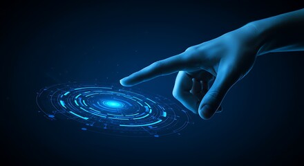 Human finger touching futuristic interface circular hologram with bright blue glow and geometric design