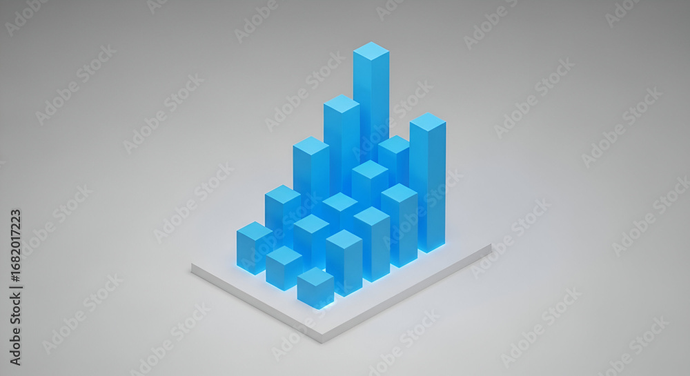 Poster isometric blue bar chart representing business growth and financial progress with 3d blocks data
