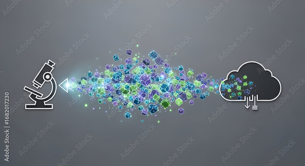 Poster microscope analysis turning into digital data cloud storage futuristic processing