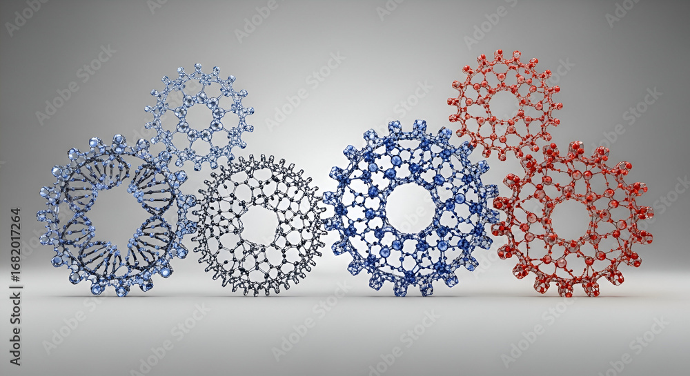 Poster molecular gears concept: precision engineering at the nanoscale represented in 3d rendering