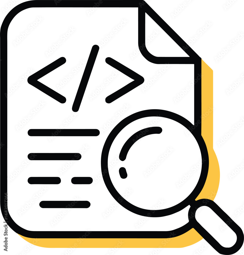 Poster illustration of a code document with a magnifying glass, representing programming, search, and analy