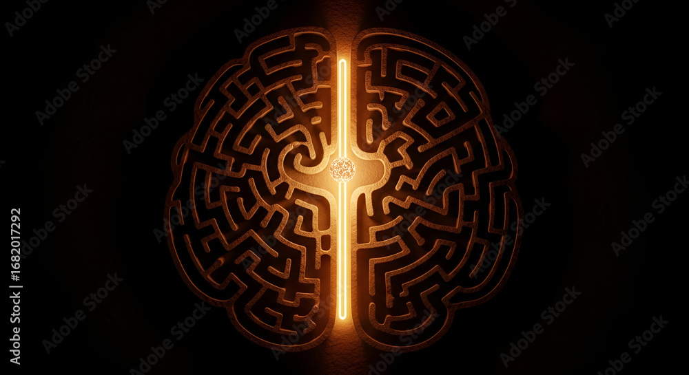 Poster navigating cognitive labyrinths: a brain maze illuminated with golden intelligence