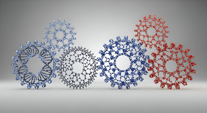 Molecular Gears Concept: Precision Engineering at the Nanoscale Represented in 3D Rendering
