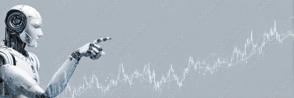 Poster a robot figure with a sleek design is pointing at a digital graph that shows an upward trend, illust