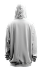 Rear view of a plain, light gray hoodie
