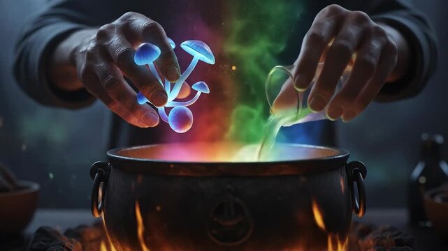 Alchemist's hands carefully adding glowing mushrooms and Witch's potion ingredients to smoking cauldron