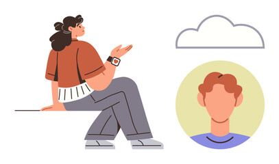 Woman gesturing during virtual interaction with a faceless avatar and a cloud icon. Ideal for communication, technology, networking, identity, cloud computing, virtual meetings, simple flat metaphor