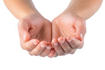 Two cupped hands, palms up, against black background.  Close-up view of child or teen hands, showing soft skin texture and details of fingers and nails.  Light tone.  Isolated
