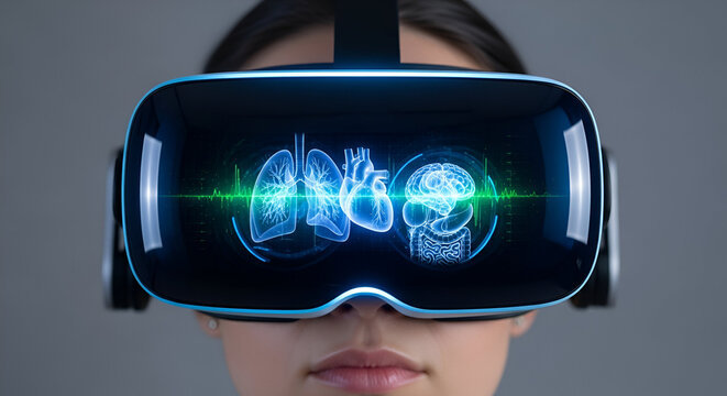 Woman immersed in virtual reality with augmented anatomical visualizations for medical education