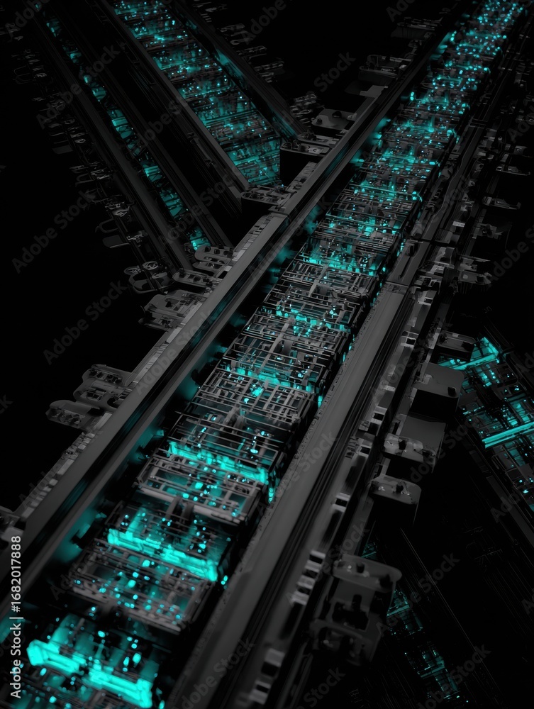 Poster glowing blue-green circuits interconnect in a dark environment, showcasing intricate patterns that s