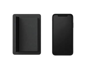 Two black, flat, rectangular objects; one a phone holder, the other a smartphone