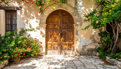 Fototapeta premium Old stone building with wooden archway door