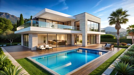 Fototapeta premium Modern Luxury Villa With Swimming Pool and Lush Green Garden modern house architecture