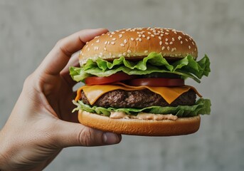 Hand Holding Classic Cheeseburger with Lettuce and Tomato