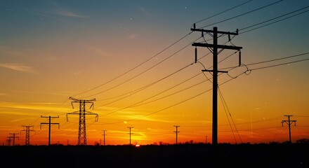 Silhouette of power lines against a vibrant sunset sky. The sky is ablaze with fiery colors and the power lines are the main subject.