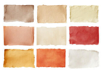 Fototapeta premium Nine rectangular pieces of aged, textured paper in various shades of brown, beige, peach, red, and cream. Each piece has uneven edges and a slightly distressed appearance