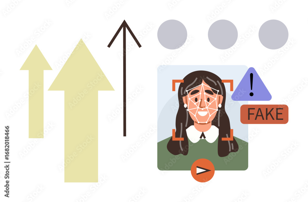 Poster facial recognition scanning a womans face, highlighting deepfake detection. includes warning signs, 
