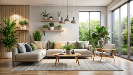 Fototapeta premium Bright Living Room With Sectional Sofa and Indoor Plants interior design