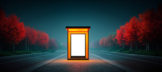 Editable Vertical Billboard Mockup a Bus Stop at Night A Blank Screen Template with a Glowing Frame for Public Advertisements outdoor digital billboard template