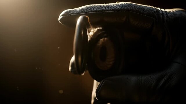 Shadowy gloved hand dramatically unveiling mysterious locket representing clandestine discovery in dusty sunbeam