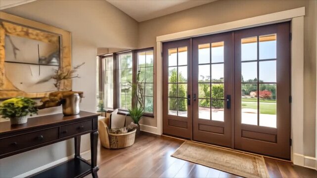 Elegant interior entryway with wooden stairs