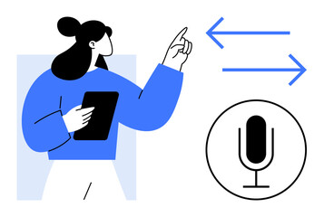 Woman holding a tablet while gesturing towards arrows and microphone icon, representing voice recognition, data exchange, and digital interaction. Ideal for technology, AI, communication, UX design